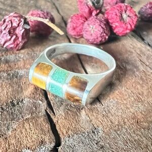 Mexicana Mexico Tiger’s Eye Ring Green Turquoise Unisex Men Women Signet 925 S6